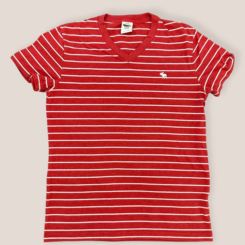 Abercrombie & Fitch Red & White Striped Moose Logo Tee (Size S)